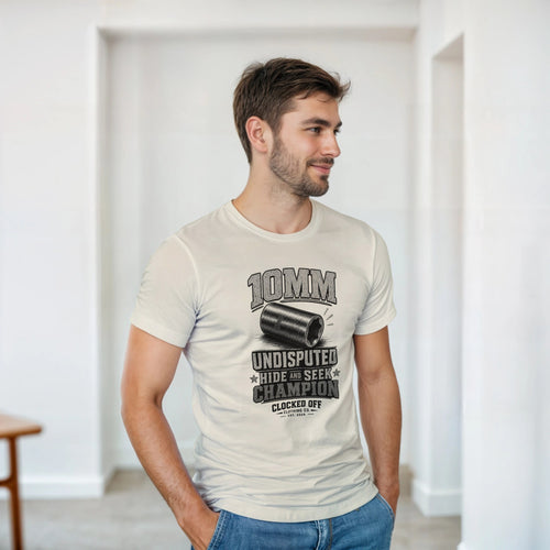 Man wearing the natural 10mm Socket T-shirt, looking to the side