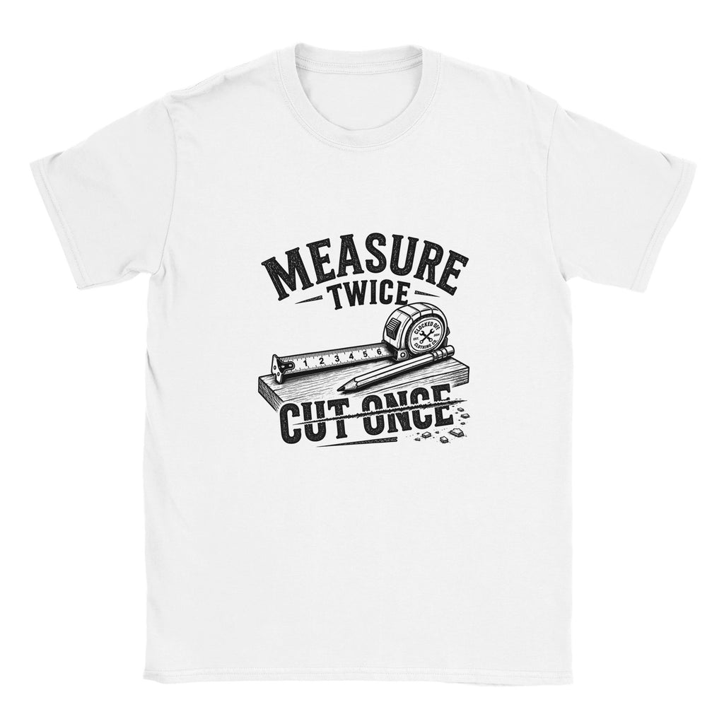 White T-shirt with the Measure Twice, Cut Once tape measure design in dark ink
