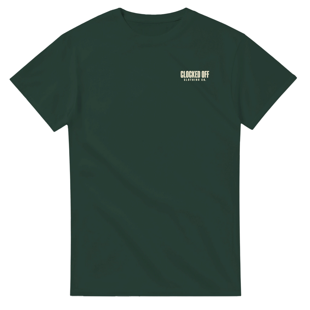 Front of a forest green T-shirt with a small Clocked Off Clothing Co. logo on the left chest