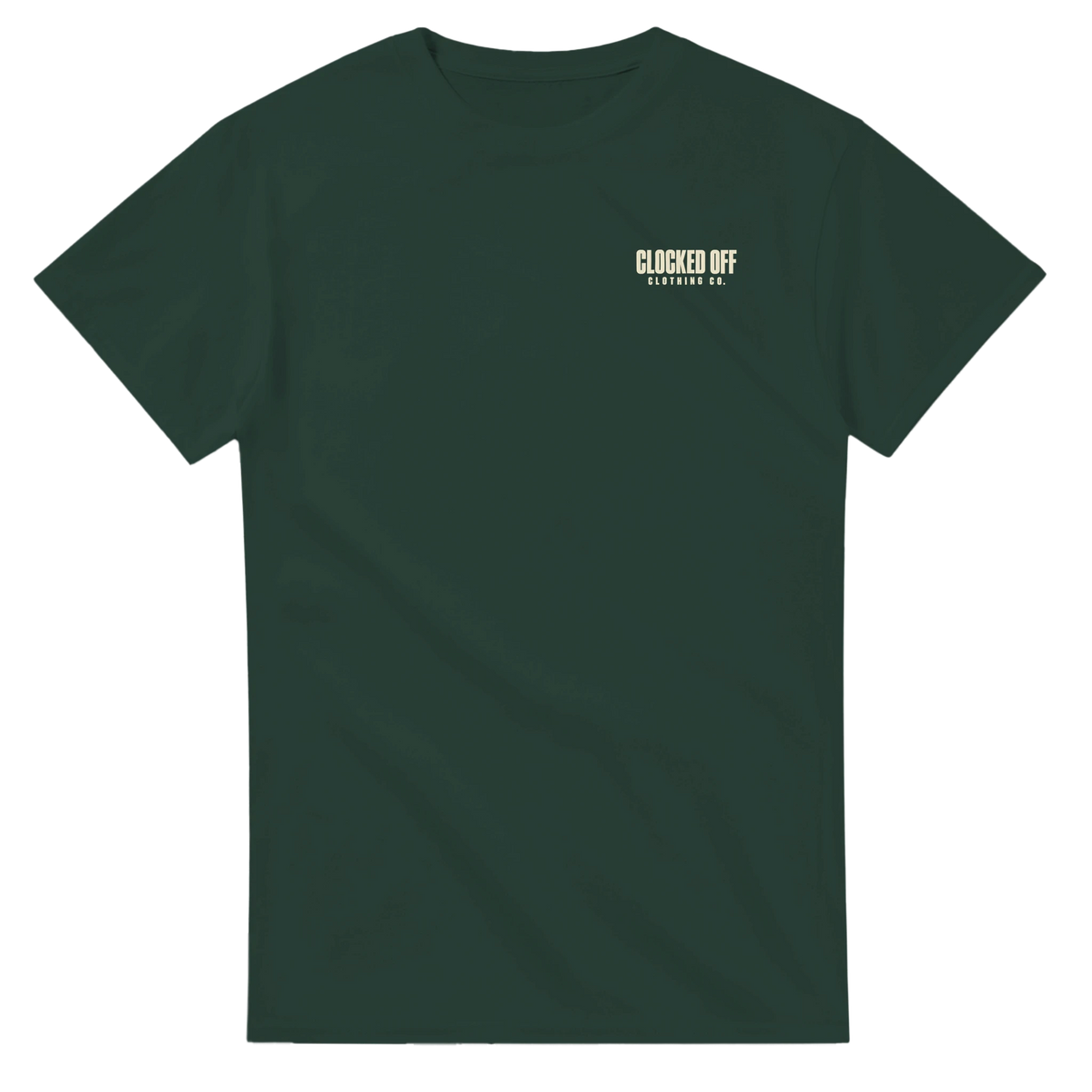 Front of a forest green T-shirt with a small Clocked Off Clothing Co. logo on the left chest