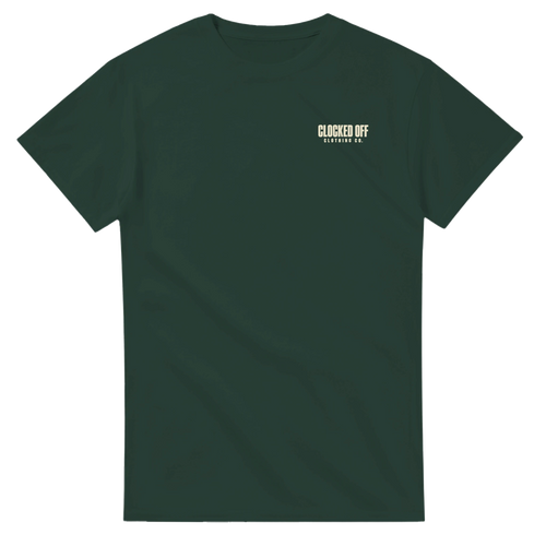 Front of a forest green T-shirt with a small Clocked Off Clothing Co. logo on the left chest