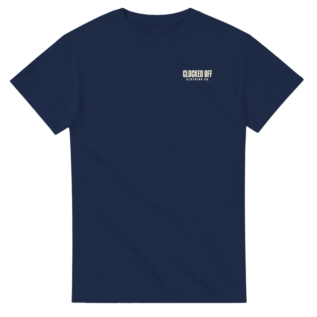 Front of a navy T-shirt with a small Clocked Off Clothing Co. logo on the left chest