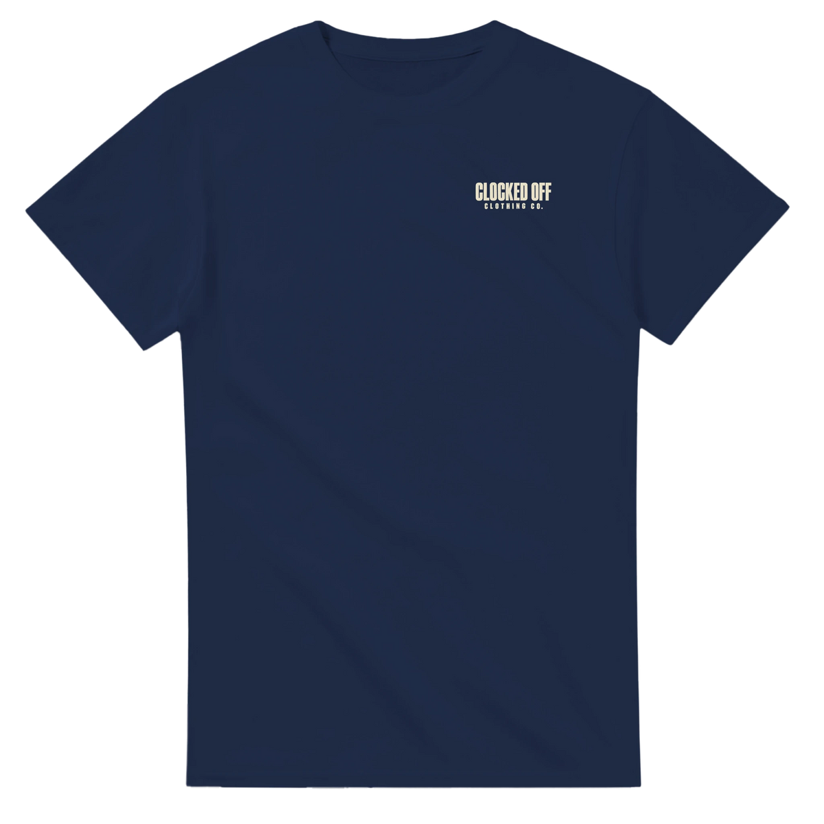 Front of a navy T-shirt with a small Clocked Off Clothing Co. logo on the left chest