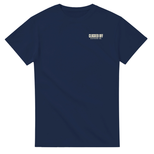 Front of a navy T-shirt with a small Clocked Off Clothing Co. logo on the left chest
