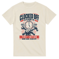 Natural Clocked Off First Edition t-shirt with a navy and red Est. 2026 print: a clock face, a fist gripping a spanner and hammer, and the words "First Edition, Work Hard. Clock Off."