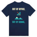 Navy T-shirt back with “Out of Office. Out of Signal.” in cream and teal lettering and a crossed-out signal icon above mountains