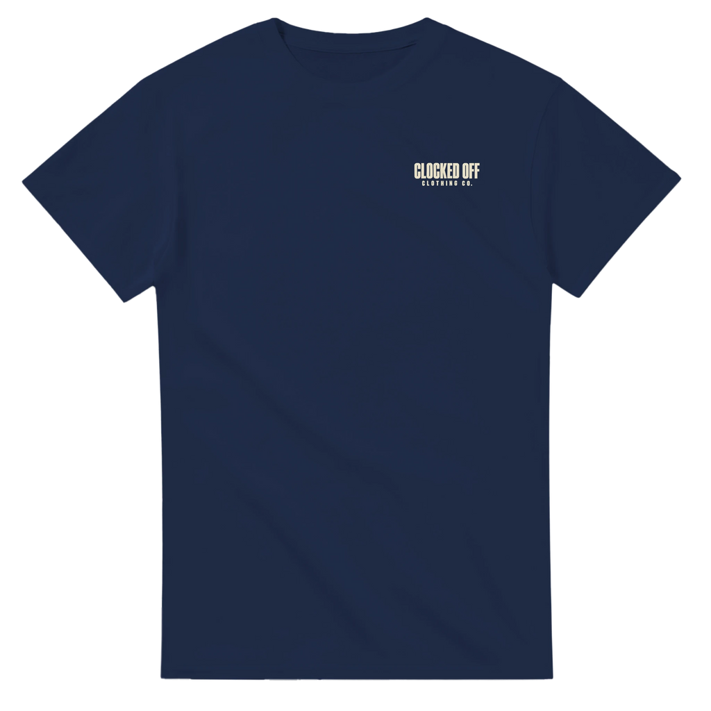 Front of a navy T-shirt with a small Clocked Off Clothing Co. logo on the left chest