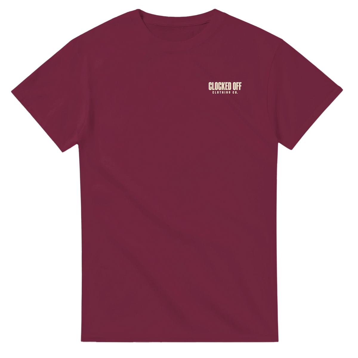 Front of a maroon T-shirt with a small Clocked Off Clothing Co. logo on the left chest