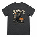 Back of a dark heather Skim Reaper T-shirt featuring a hooded skeleton with plastering tools and ‘Ceilings. Walls. Souls.’ lettering.