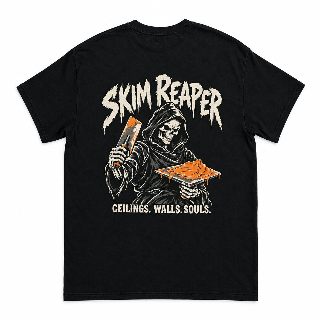 Back of a black Skim Reaper T-shirt featuring a hooded skeleton holding plastering tools, with ‘Ceilings. Walls. Souls.’ lettering.