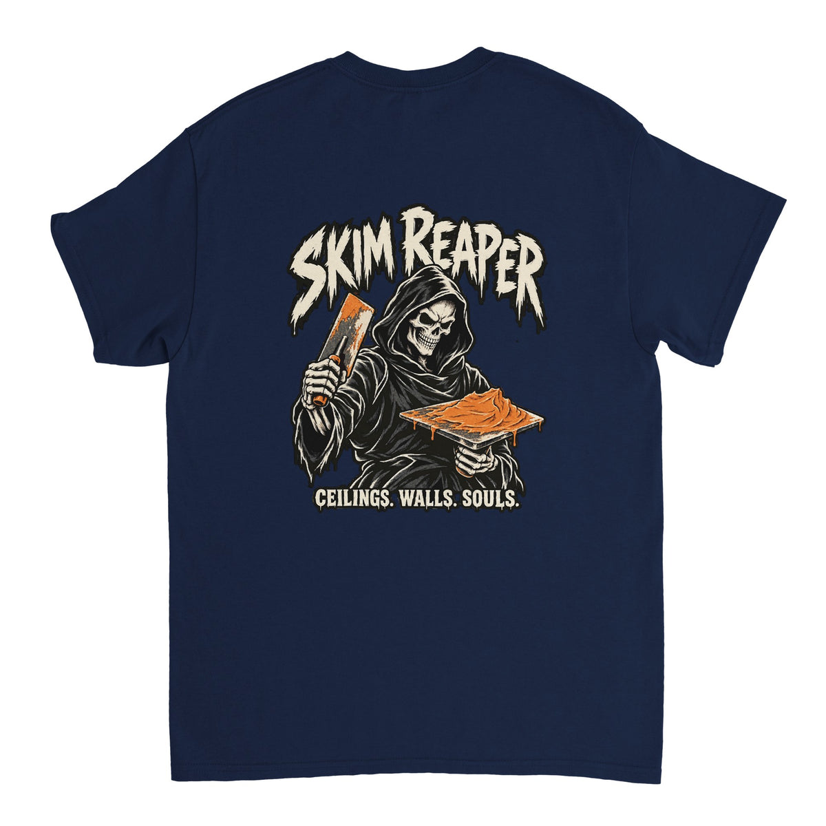 Back of a navy Skim Reaper T-shirt featuring a hooded skeleton holding plastering tools, with ‘Ceilings. Walls. Souls.’ lettering.