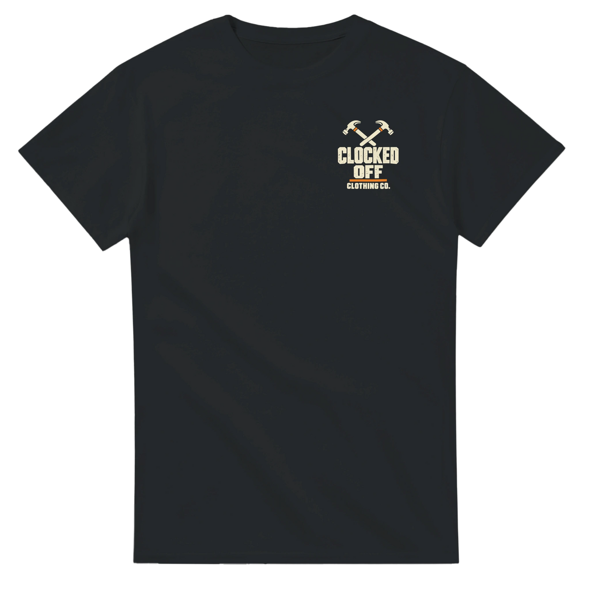Front of a black T-shirt with a small Clocked Off Clothing Co. logo on the left chest